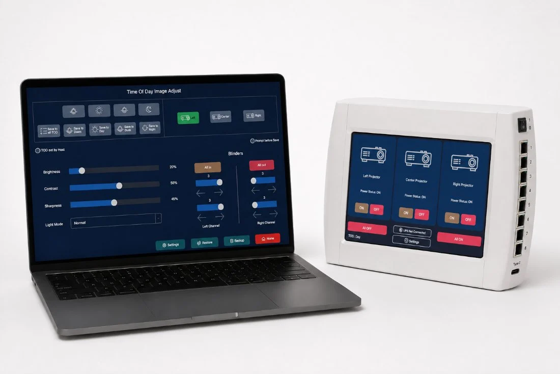 The display controller and its touchscreen beside the maintenance application on a laptop