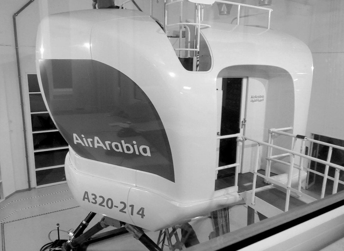 One of the two A320-214 full-flight simulators on its motion base in Sharjah