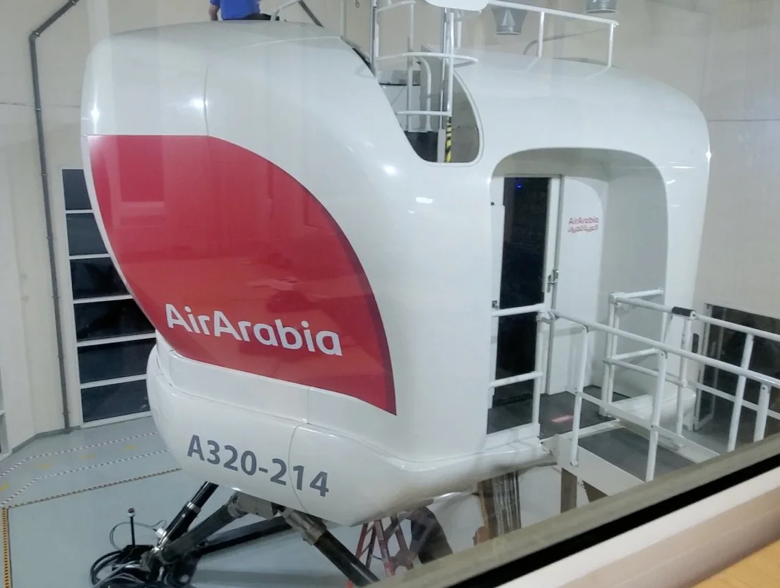 One of the two A320-214 full-flight simulators on its motion base
