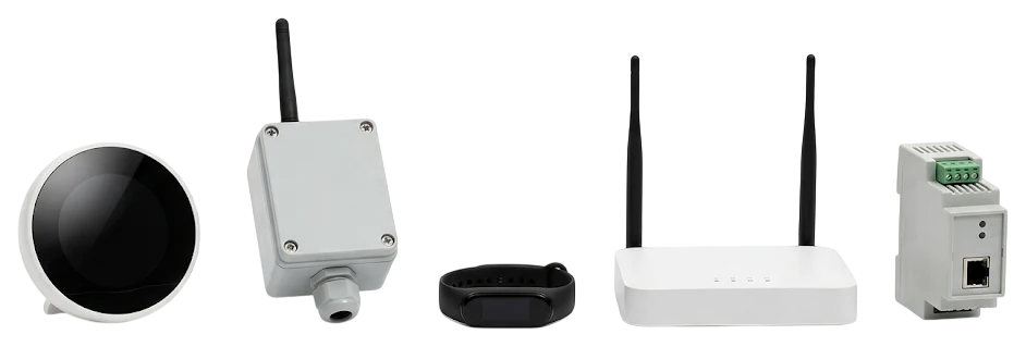 Connected products covered by the EU Cyber Resilience Act: a smart thermostat, an industrial wireless sensor, a fitness band, a WiFi router and an IoT gateway