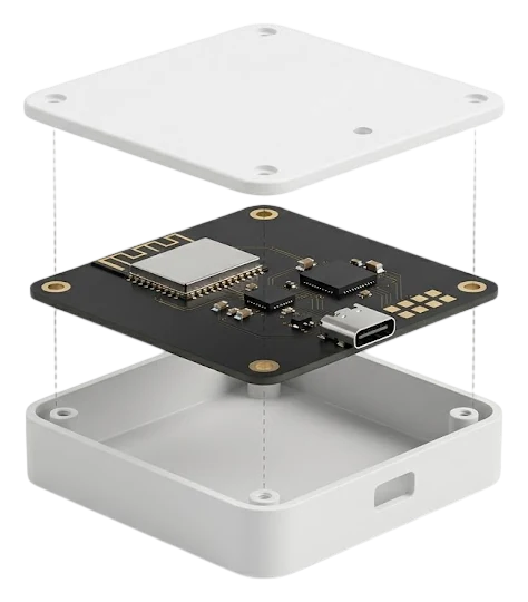 A connected embedded device opened up to show its circuit board, wireless module and secure element