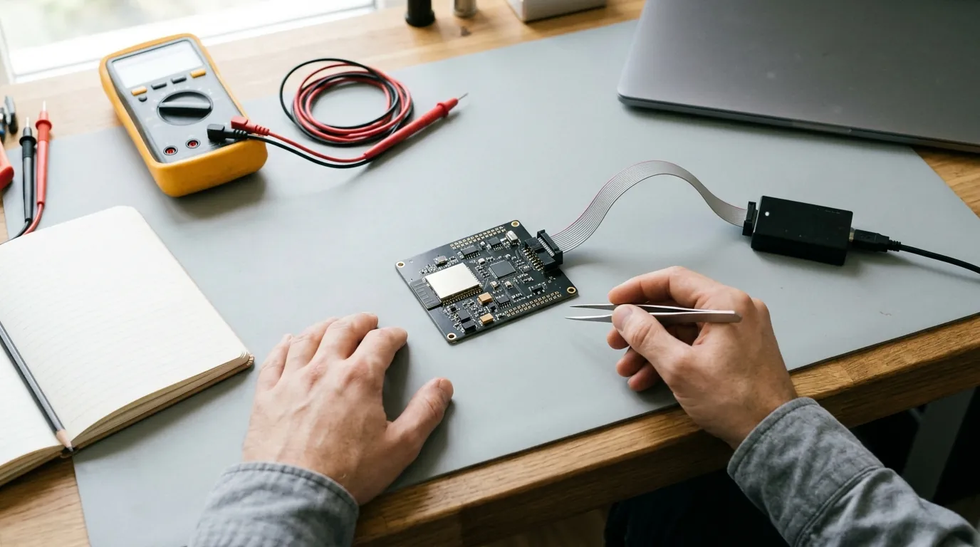 An engineer reviewing firmware on a circuit board connected to a debug probe on a test bench