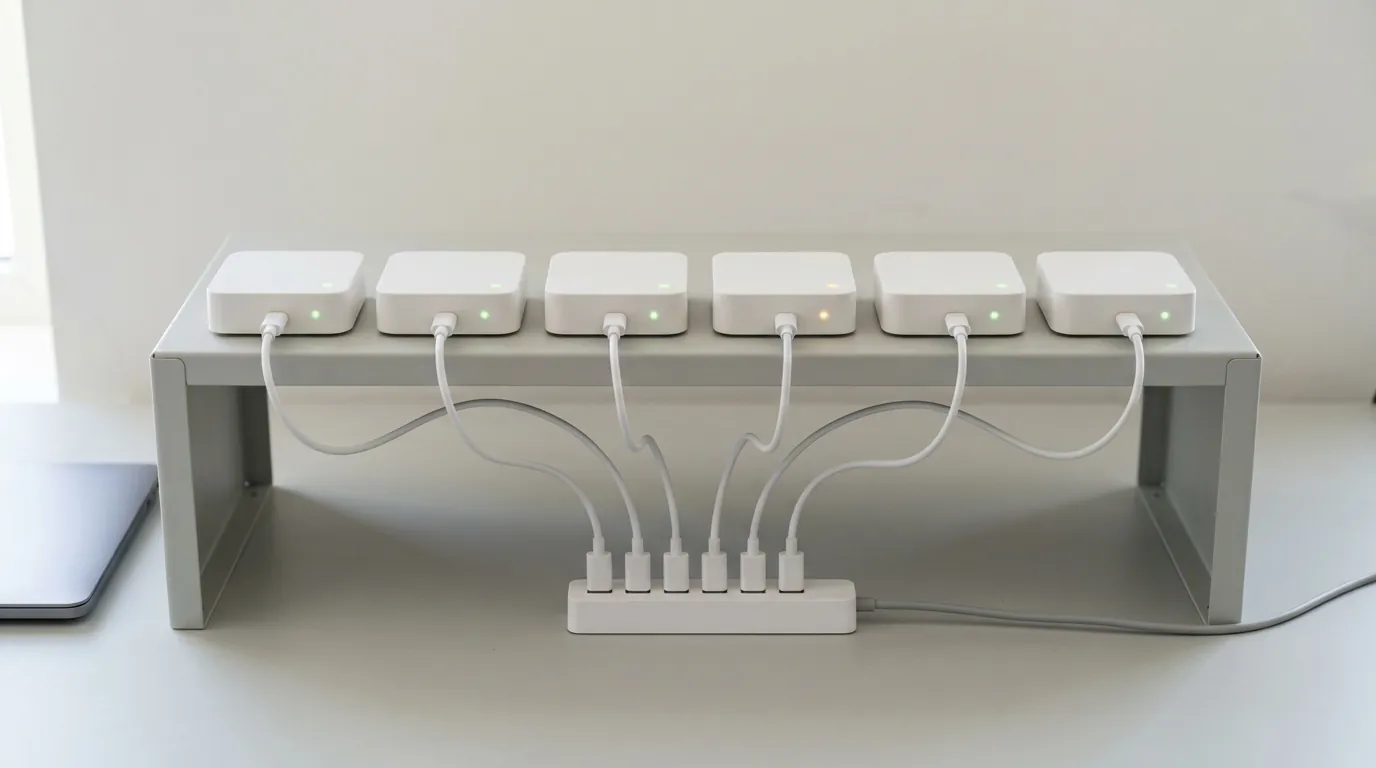 Six identical connected devices on a test rack, one installing a signed firmware update before release