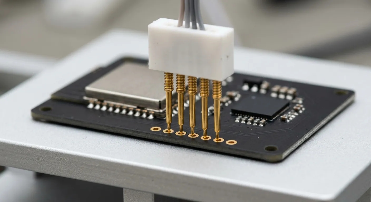 Close up of a circuit board with a wireless module and secure element being programmed through a pogo pin fixture