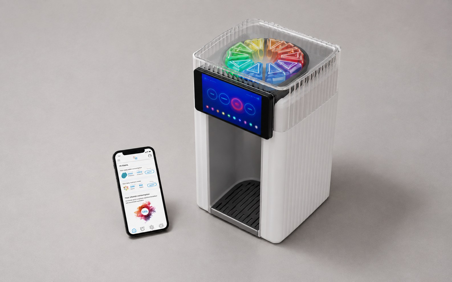 The Dreep appliance with its cartridge tray and touchscreen, beside the companion application on a phone