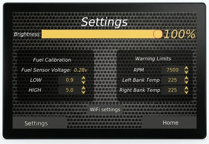 The settings page, showing the live fuel sender voltage with its low and high calibration points beside warning limits for engine speed and both bank temperatures