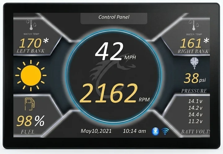 The main dashboard, showing boat speed and engine RPM at centre with water temperature for both banks, fuel level, tank pressure and four battery voltages around it
