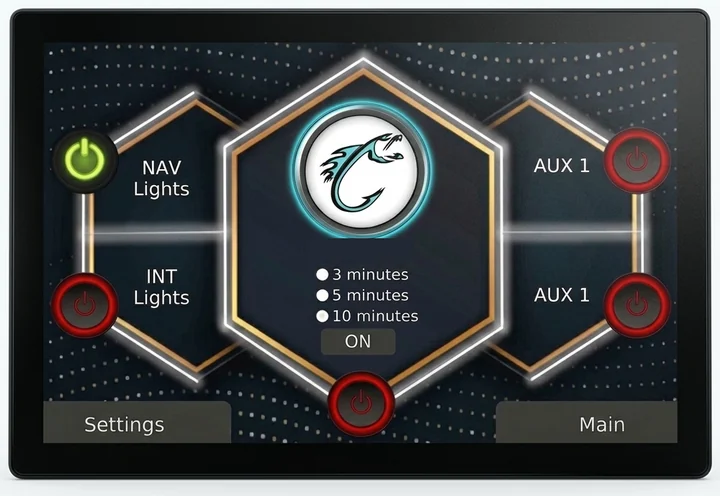 The switching page, with six circuits arranged around a central control that sets the livewell cycle to a three, five or ten minute rest period