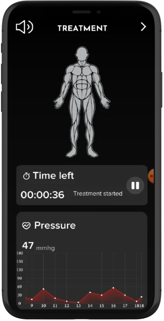 Live treatment screen showing elapsed time and measured pressure