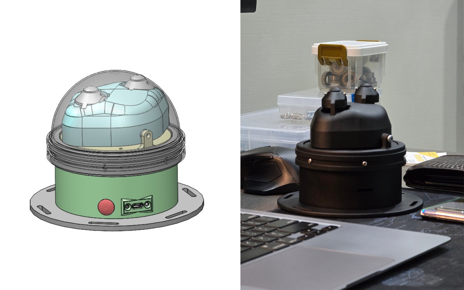 The device as designed and as built: CAD assembly alongside the finished unit