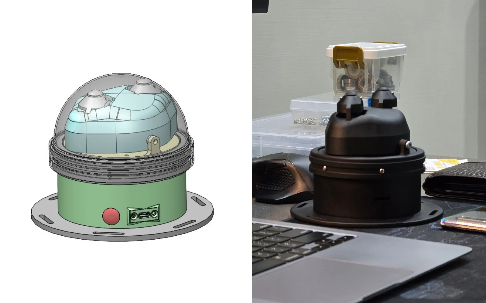 The device as designed and as built: CAD assembly alongside the finished unit