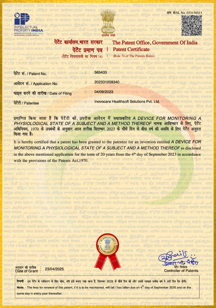The granted Indian patent certificate for the device