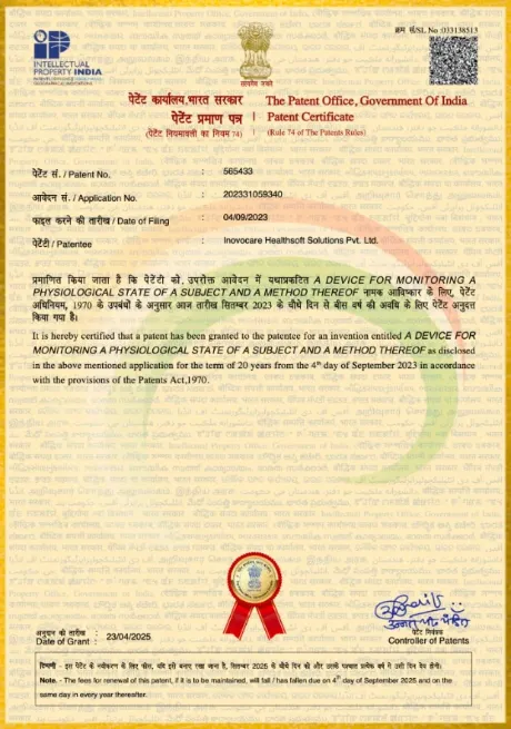 The granted Indian patent certificate for the device