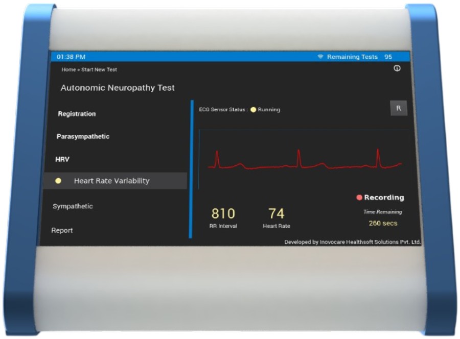 Heart rate variability recording in progress, with the live trace, RR interval, heart rate and time remaining