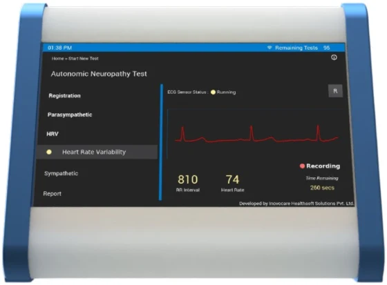 Heart rate variability recording in progress, with the live trace, RR interval, heart rate and time remaining