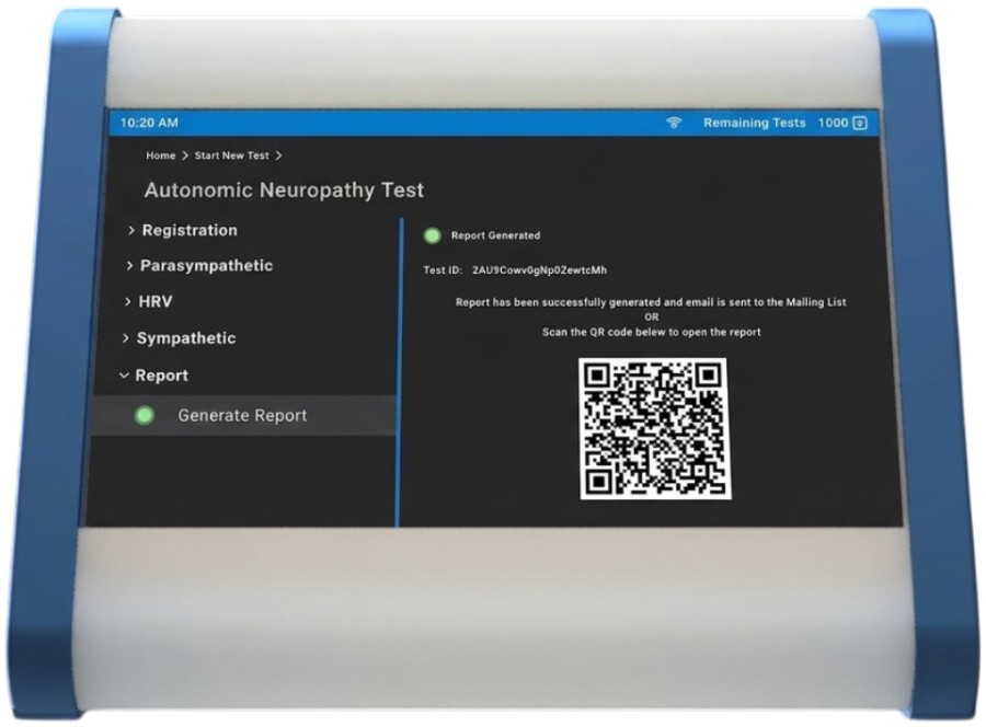 Report generated for the session, with its test identifier and a code to open the report