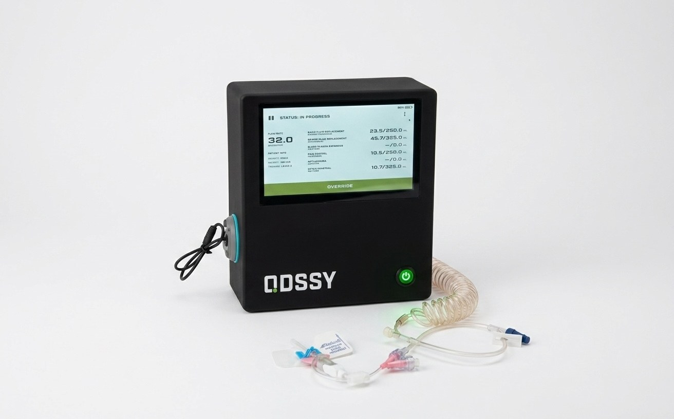 The ODSSY device with its touchscreen showing a delivery in progress, and the infusion line laid out in front of it