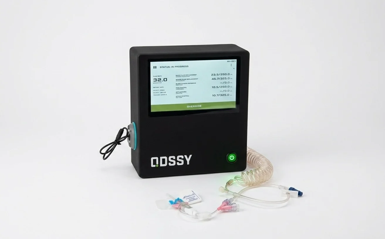 The ODSSY device with its touchscreen showing a delivery in progress, and the infusion line laid out in front of it