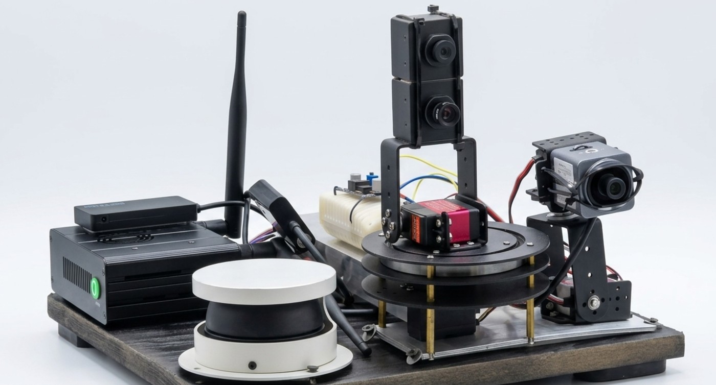 The development rig: a scanning rangefinder, an embedded computer and three cameras, two of them on a driven rotating stage