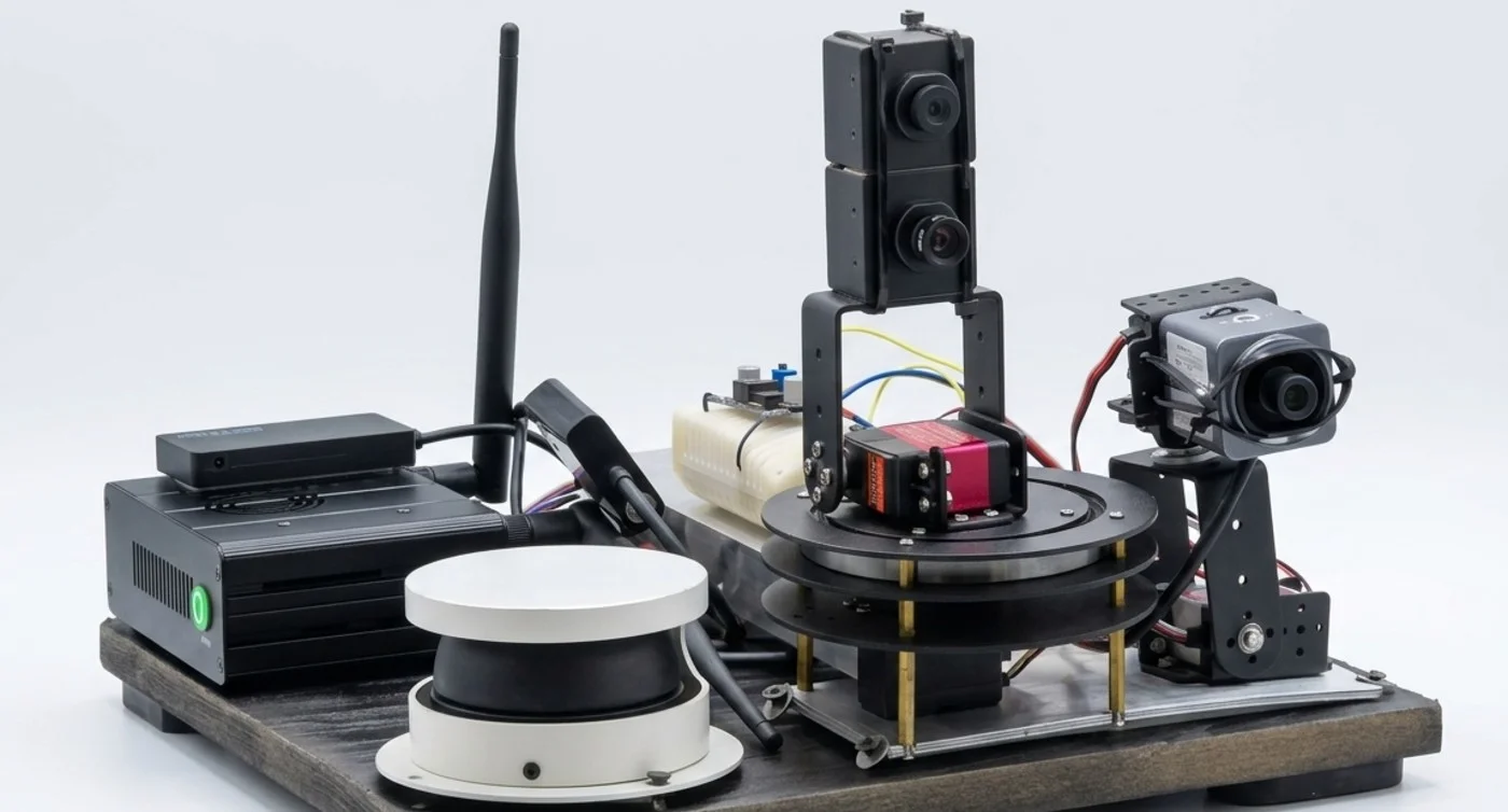 The development rig: a scanning rangefinder, an embedded computer and three cameras, two of them on a driven rotating stage